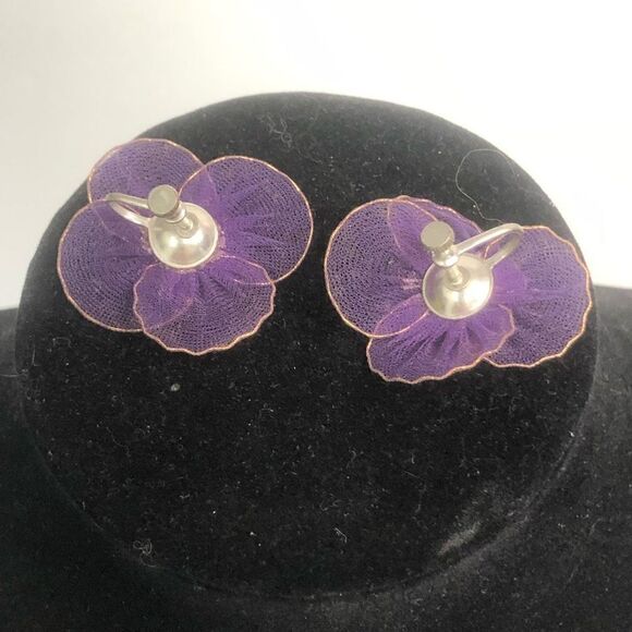 vintage violet fabric screw on earrings mesh tool purple spring summer statement - Picture 3 of 4